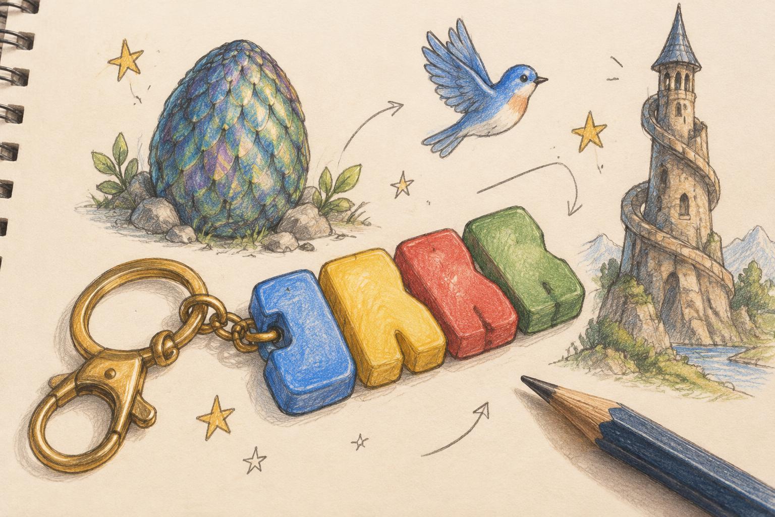 Pencil drawing of a colourful name keychain, dragon egg, blue bird and twist tower